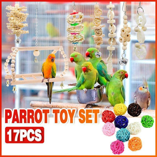 17PCS Bird Toys Parrot Swing Toys Chewing Hanging Bell Cockatiel Cage Toy Set