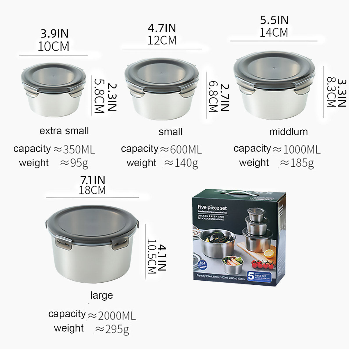 Stainless Steel Box Set 4pcs Sealed Lunch Food Container Refrigerator Use