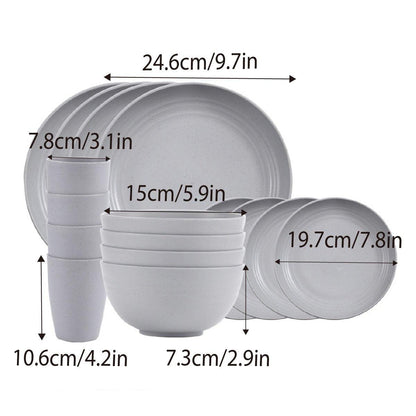 16pcs Wheat Straw Plates Bowls Cups Set Outdoor Tableware Set