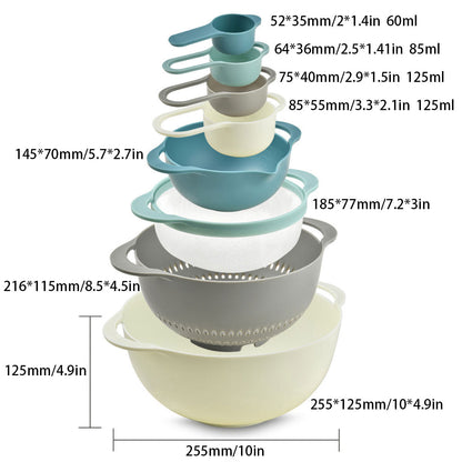 8pcs Plastic Basin Set Drain Basket Washing Mixing Bowl Set Kitchen Baking Tools