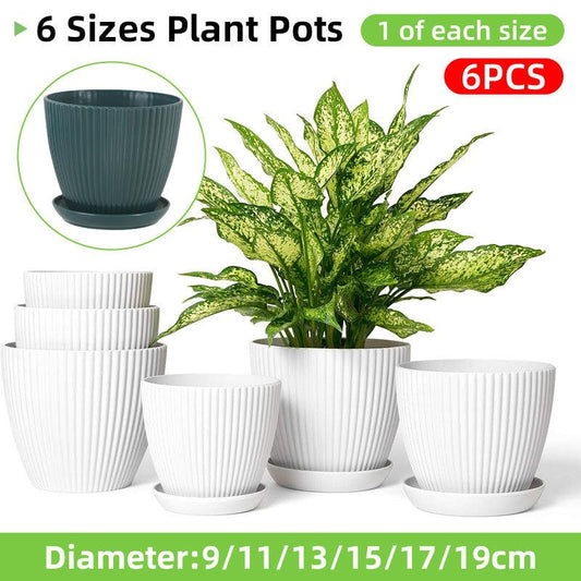 6PCS Simple Plastic Round Plant Pots Vertical Stripes Flower Pot Green Gardening - White