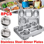 8pcs Stainless Steel Divided Dinner Plates Square Fast Food Plate for Students