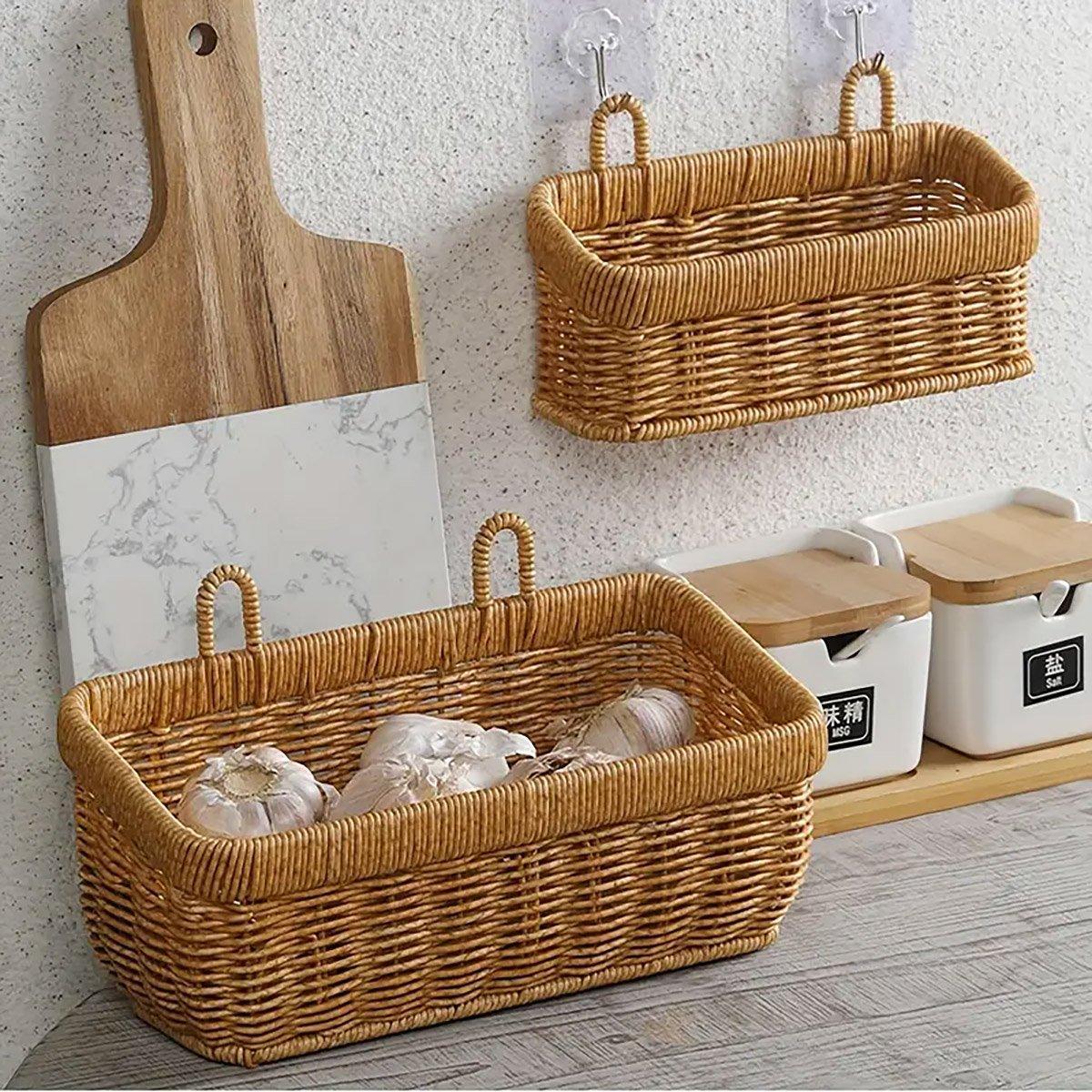 Wall-Mounted Rattan Style Hanging Storage Basket Kitchen Vegetable Fruit Basket - Large