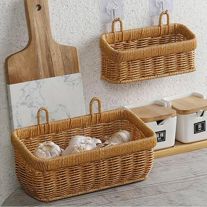 Wall-Mounted Rattan Style Hanging Storage Basket Kitchen Vegetable Fruit Basket - Large