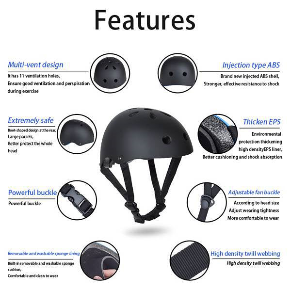 Black Bike Skate Helmet with Adjustable Fit Lightweight Protective Design 3 Sizes - S