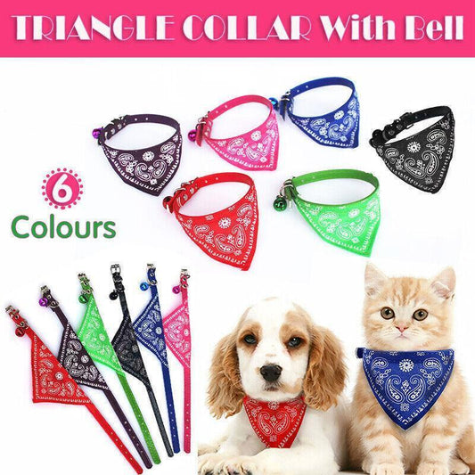 Adjustable Bandana Collar with Bell for Small Dogs and Cats Triangle Scarf Style - Blue