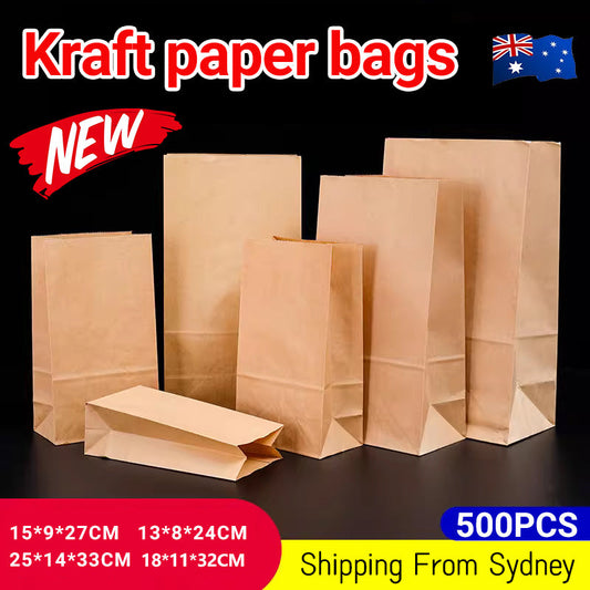 500PCS Kraft Food Paper Bags Brown Flat Bottom Lunch Bags Party Favour Bag - 500PCS-25*14*33CM