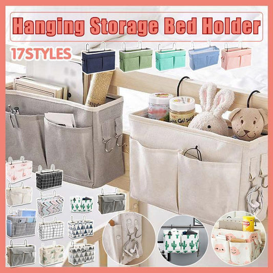 Hanging Bedside Storage Caddy with Pockets for Bunk Bed Dorm Couch Organizing - White Grid