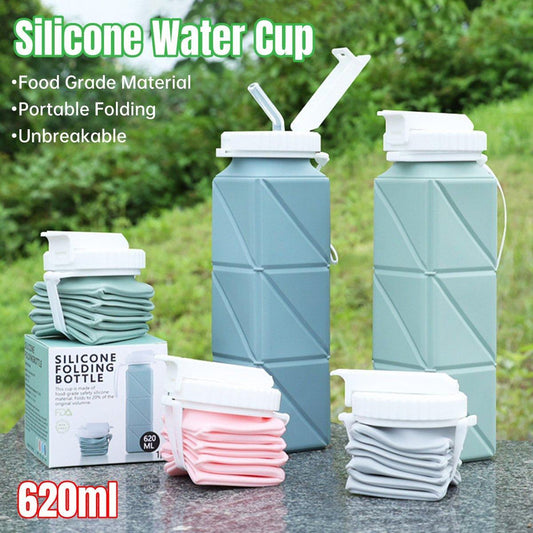 620ml Silicone Folding Water Bottle Food Grade Outdoor Sports Kettle High Temp - Pink