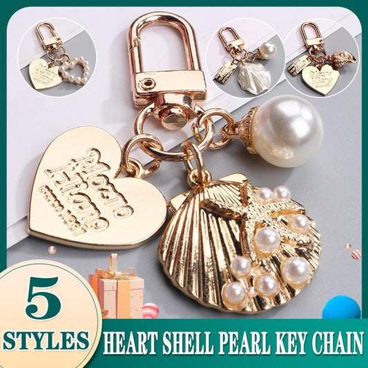 Womens Cute Key Rings Shell Heart Pearl Shape Keychain Charm Bag Hanger Pendants - A