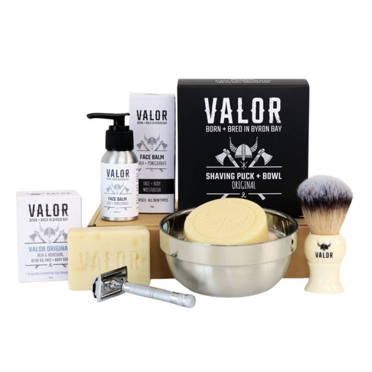 VALOR Decadent Shaving Gift Set â€“ Organic Razor Kit with Soap, Brush, Balm & Body Bar