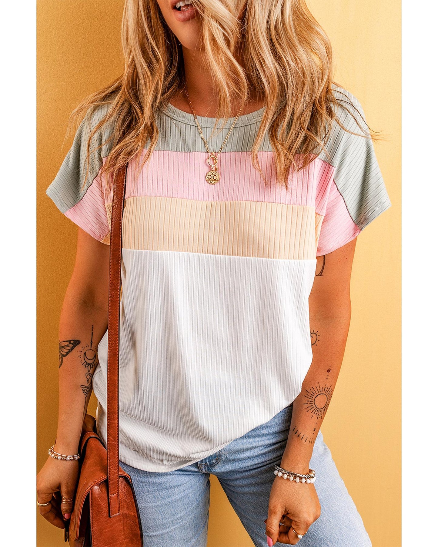 White Ribbed Color Block Patchwork T-shirt - M