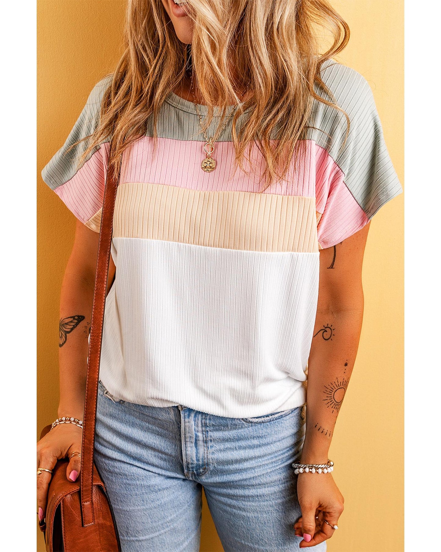 White Ribbed Color Block Patchwork T-shirt - M