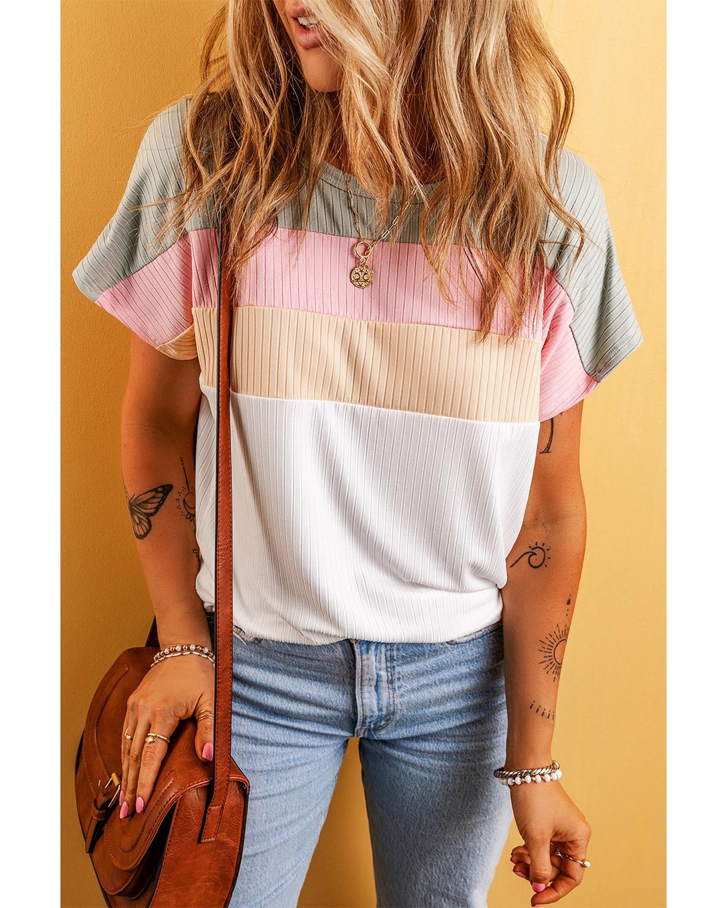 White Ribbed Color Block Patchwork T-shirt - XL