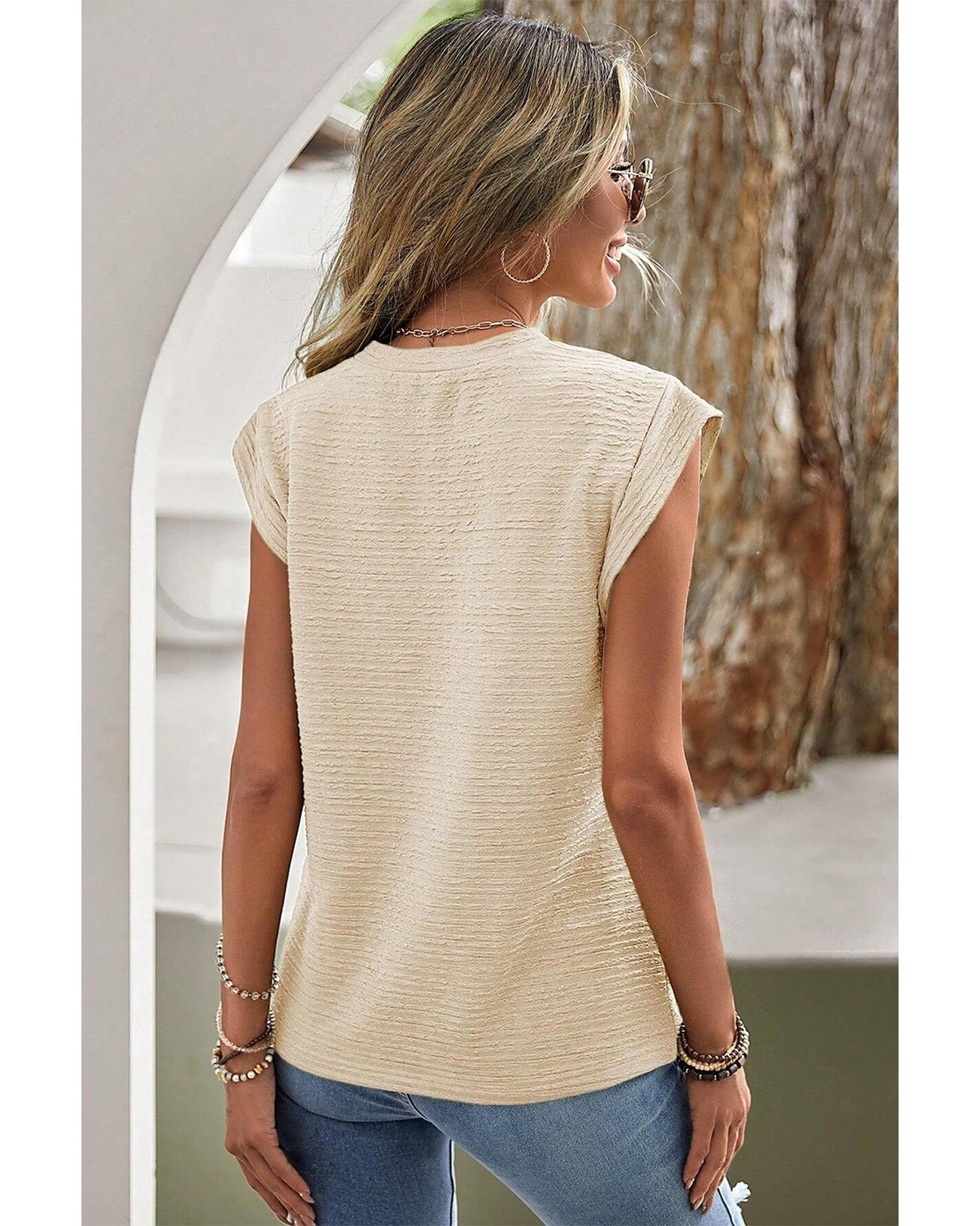 Beige Solid Textured Batwing Sleeve Crew Neck T Shirt - L