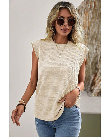 Beige Solid Textured Batwing Sleeve Crew Neck T Shirt - L