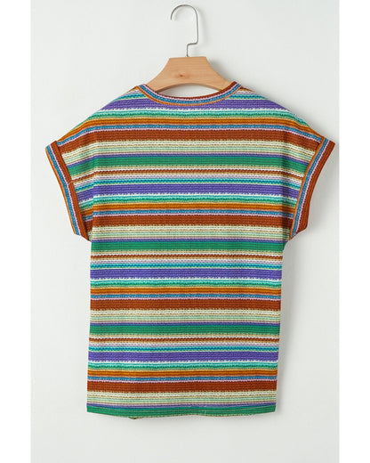 Multicolour Striped Pattern Twist Hem Short Sleeve Top - L