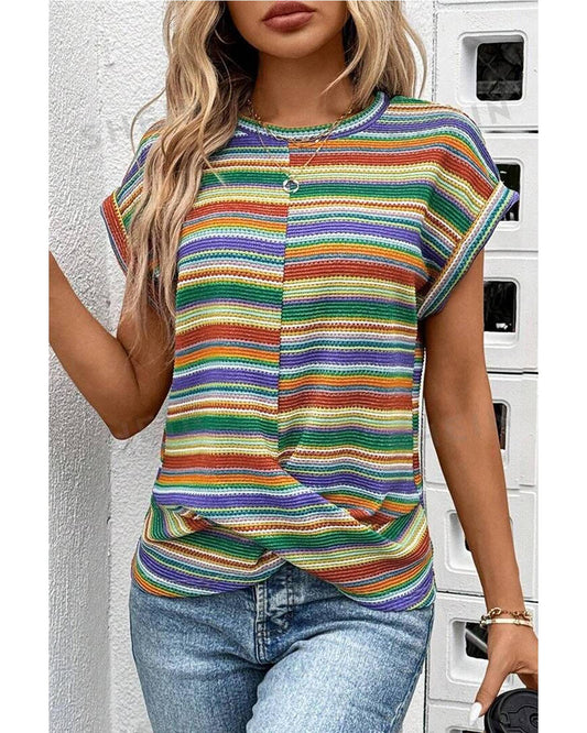 Multicolour Striped Pattern Twist Hem Short Sleeve Top - M