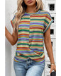 Multicolour Striped Pattern Twist Hem Short Sleeve Top - M