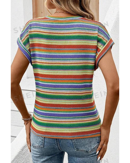 Multicolour Striped Pattern Twist Hem Short Sleeve Top - M