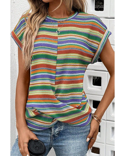 Multicolour Striped Pattern Twist Hem Short Sleeve Top - M