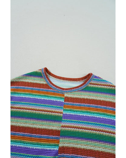Multicolour Striped Pattern Twist Hem Short Sleeve Top - M