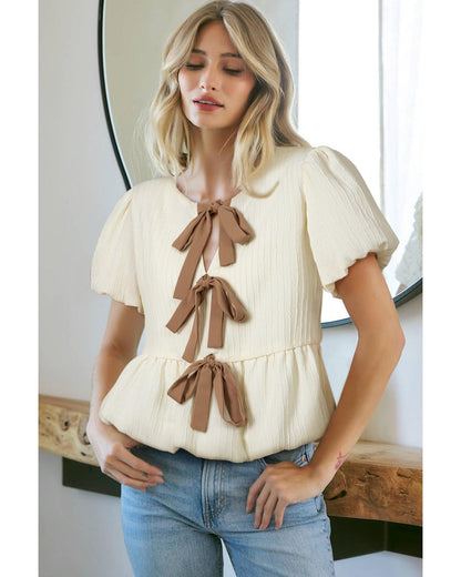 White Textured Bow Ties Front Bubble Hem Puff Short Sleeve Blouse - L