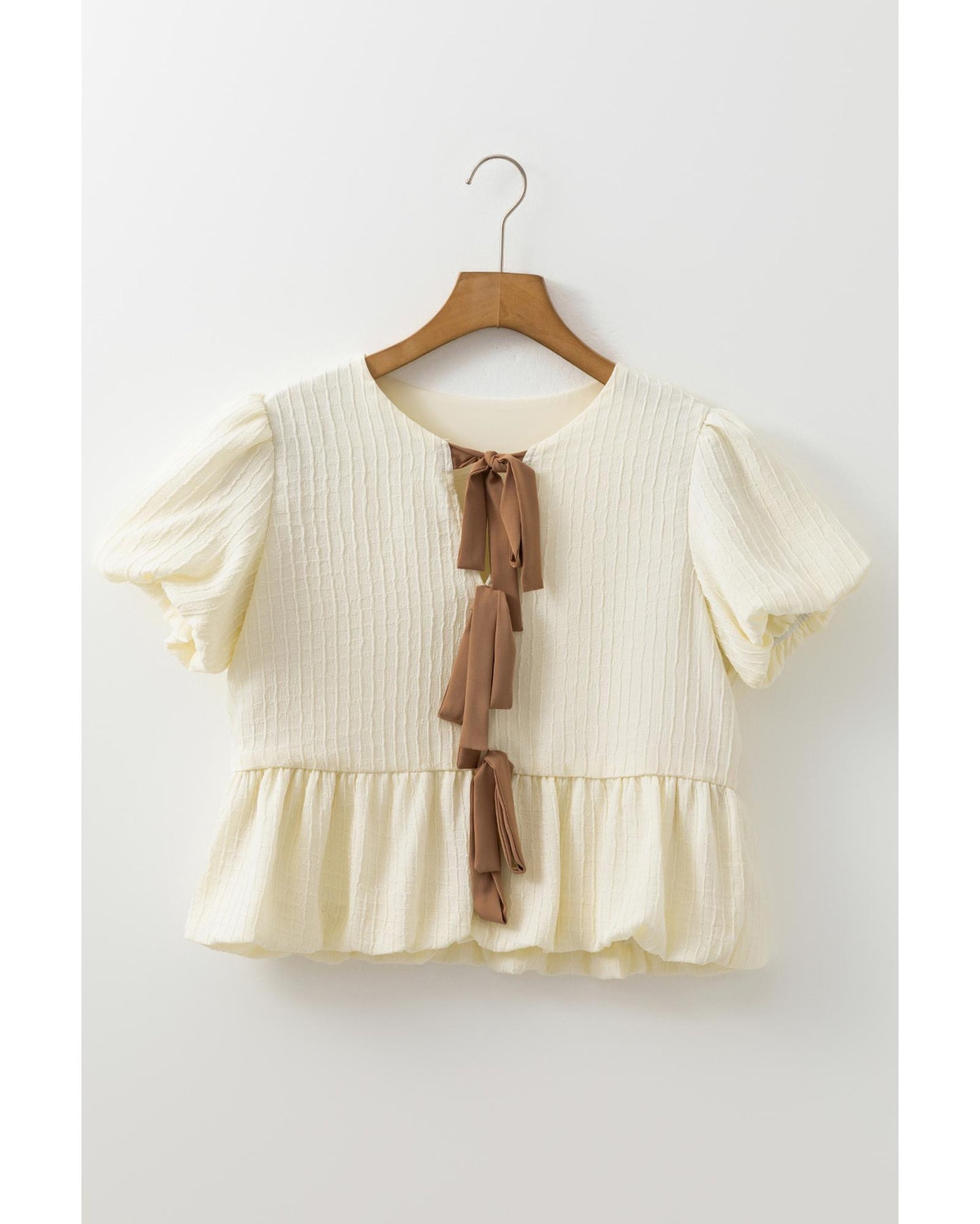 White Textured Bow Ties Front Bubble Hem Puff Short Sleeve Blouse - L
