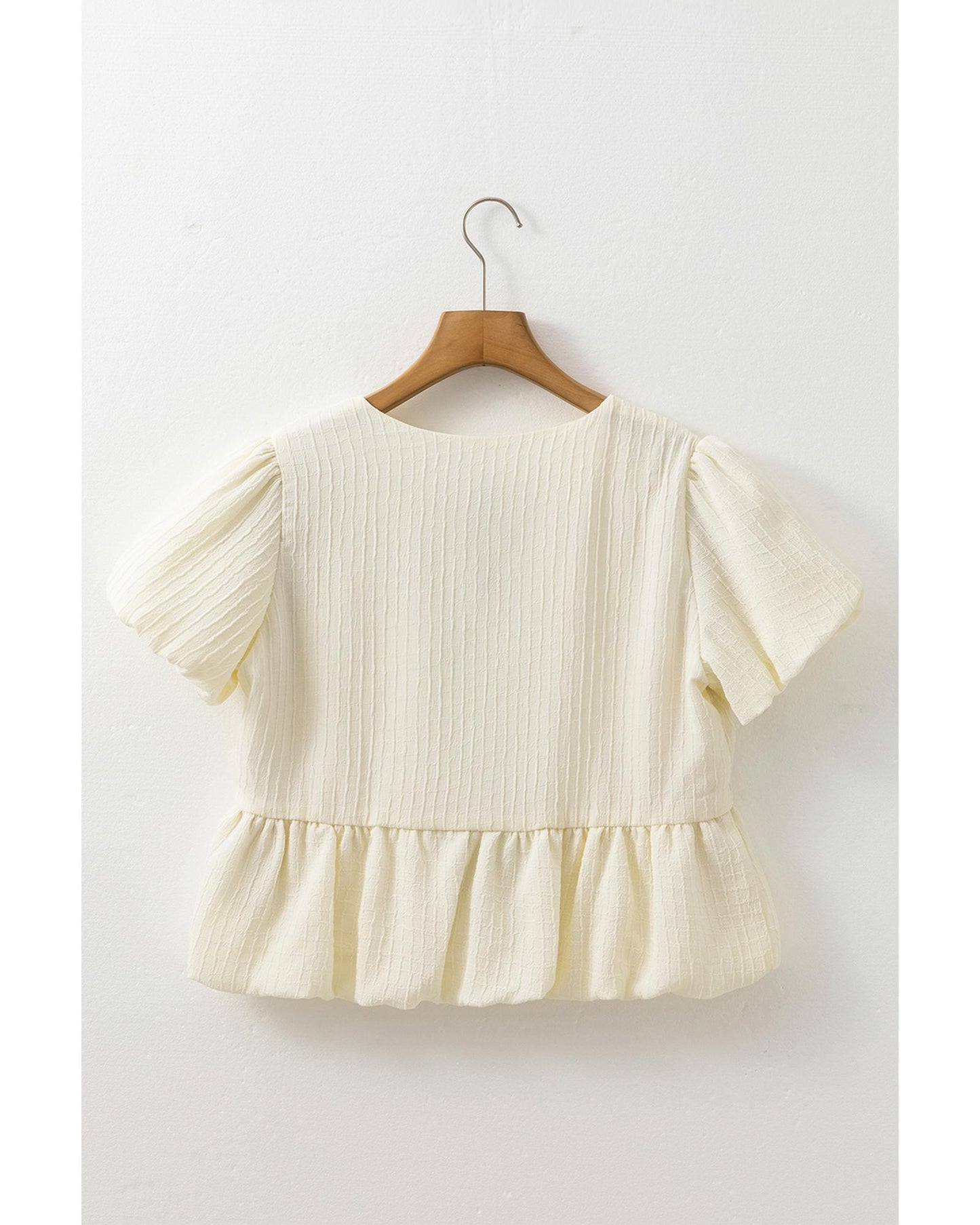 White Textured Bow Ties Front Bubble Hem Puff Short Sleeve Blouse - L
