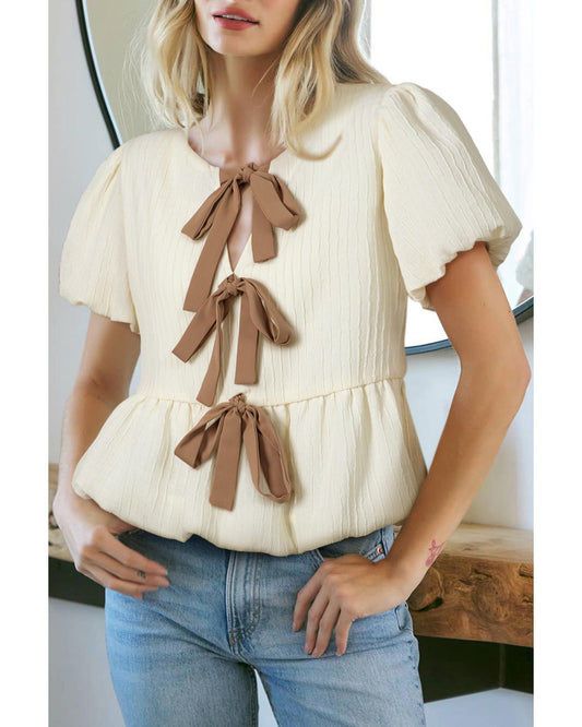 White Textured Bow Ties Front Bubble Hem Puff Short Sleeve Blouse - XL