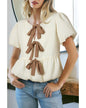 White Textured Bow Ties Front Bubble Hem Puff Short Sleeve Blouse - XL
