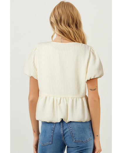 White Textured Bow Ties Front Bubble Hem Puff Short Sleeve Blouse - XL