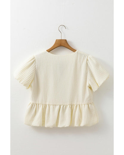 White Textured Bow Ties Front Bubble Hem Puff Short Sleeve Blouse - XL