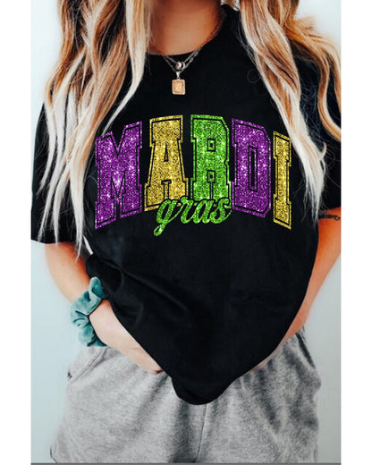 Black Mardi Gras Heat Transfer Graphic Holiday Tee - XL