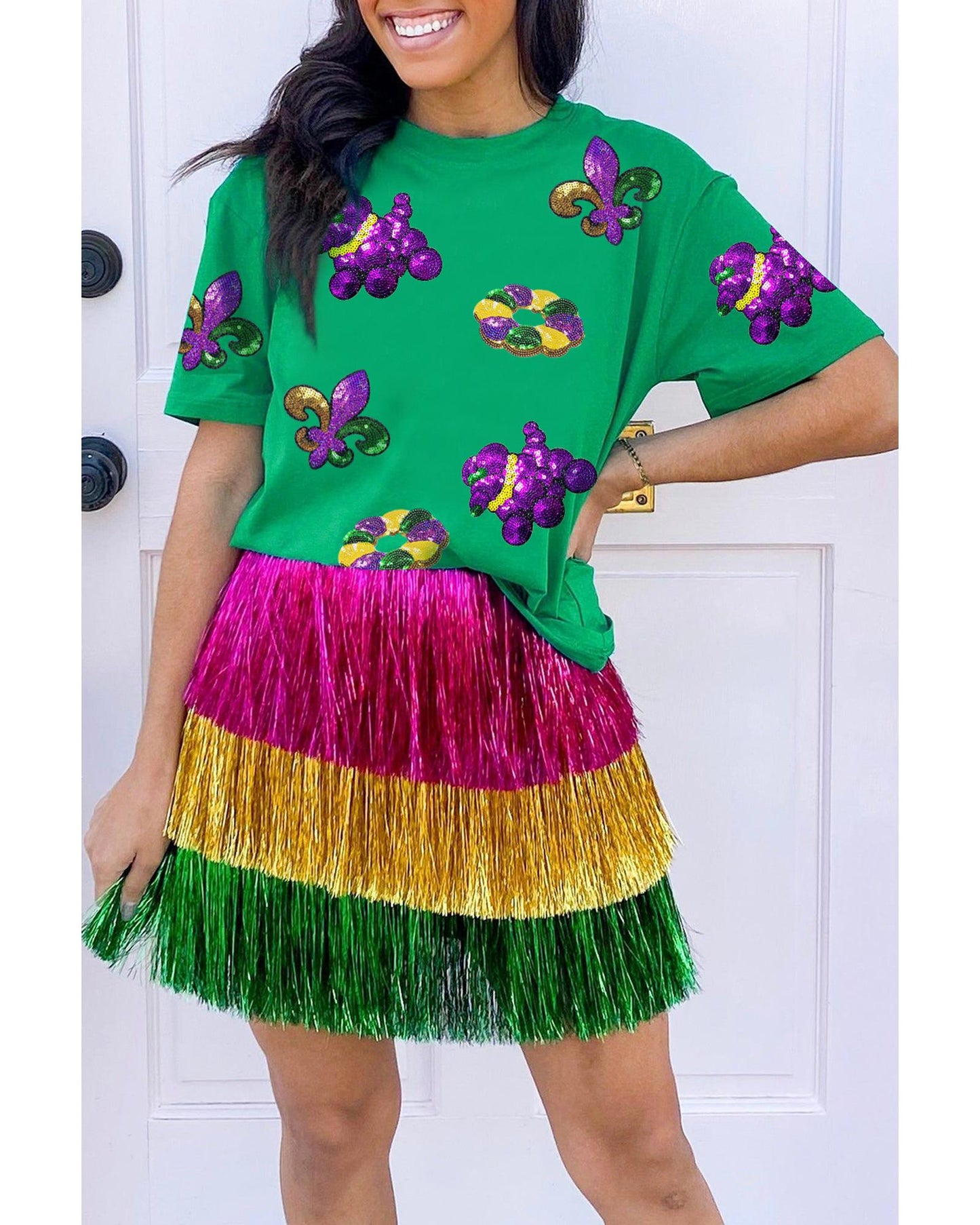 Bright Green Mardi Gras Sequin Patched Graphic Tee - M