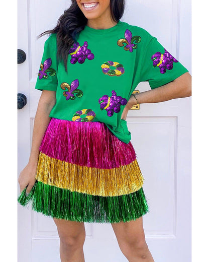 Bright Green Mardi Gras Sequin Patched Graphic Tee - M