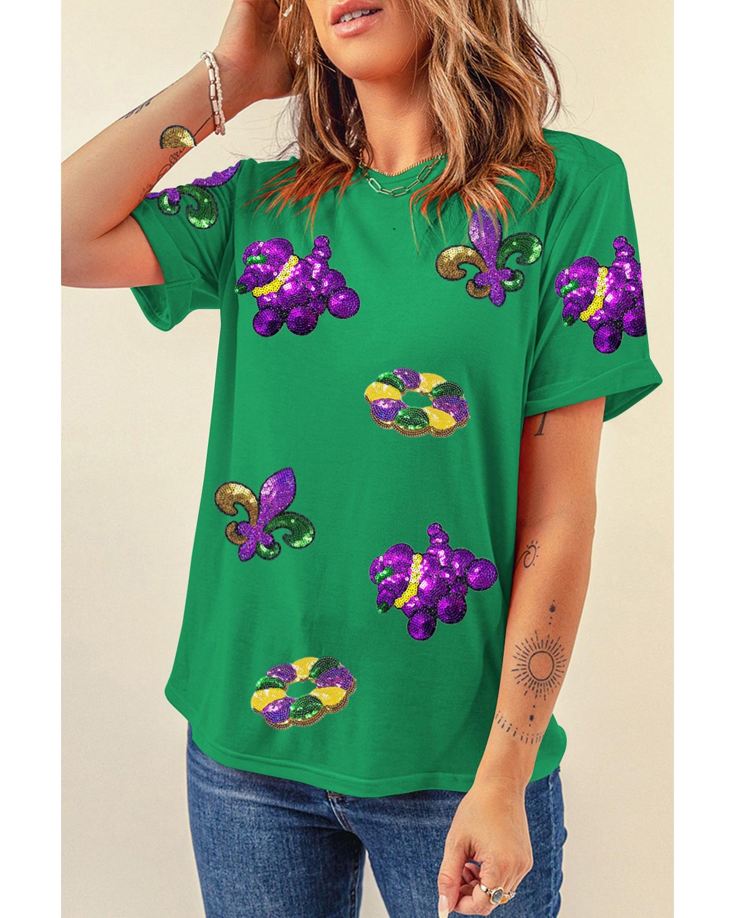 Bright Green Mardi Gras Sequin Patched Graphic Tee - M