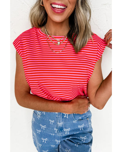 Red Stripe Ribbed Cap Sleeve Round Neck T Shirt - M