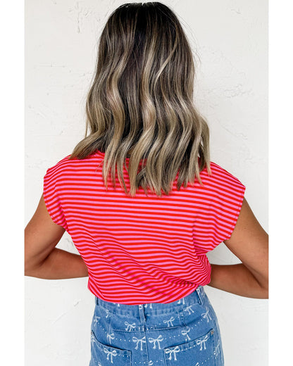Red Stripe Ribbed Cap Sleeve Round Neck T Shirt - M