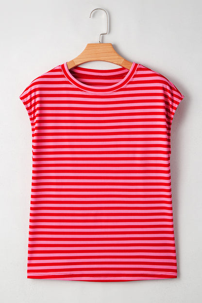 Red Stripe Ribbed Cap Sleeve Round Neck T Shirt - M