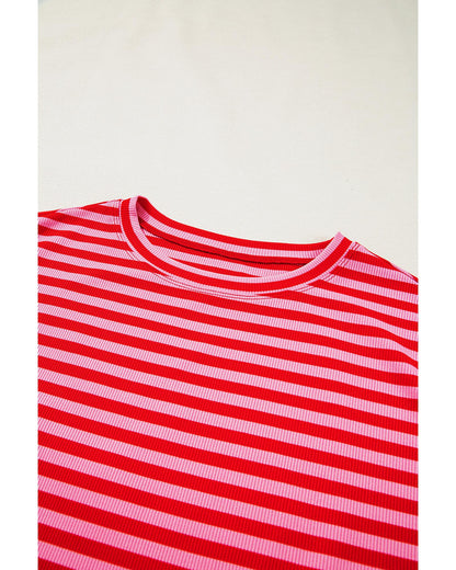 Red Stripe Ribbed Cap Sleeve Round Neck T Shirt - M