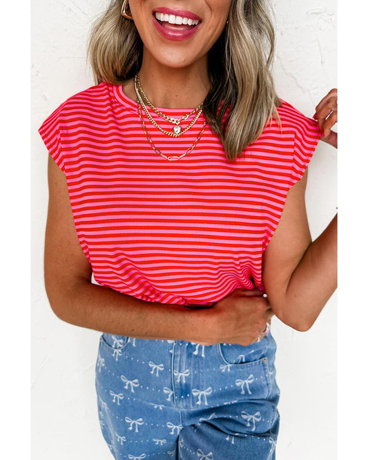 Red Stripe Ribbed Cap Sleeve Round Neck T Shirt - S