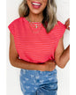 Red Stripe Ribbed Cap Sleeve Round Neck T Shirt - S