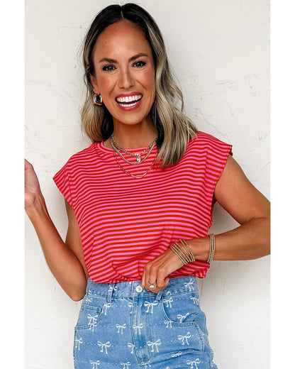 Red Stripe Ribbed Cap Sleeve Round Neck T Shirt - S