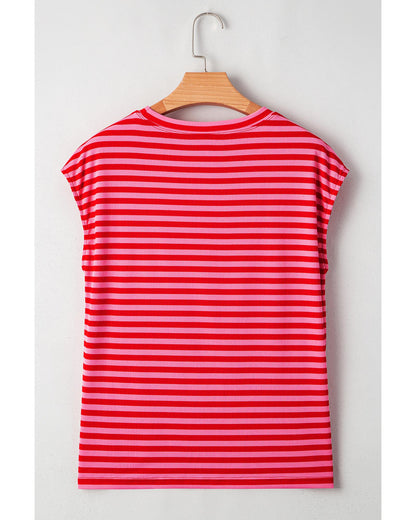 Red Stripe Ribbed Cap Sleeve Round Neck T Shirt - S