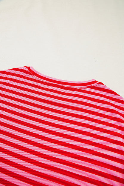 Red Stripe Ribbed Cap Sleeve Round Neck T Shirt - S