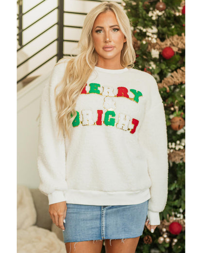 White Christmas MERRY & Bright Chenille Graphic Sherpa Sweatshirt - L
