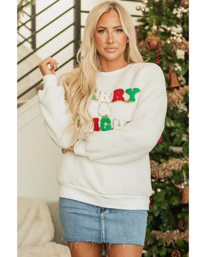 White Christmas MERRY & Bright Chenille Graphic Sherpa Sweatshirt - M