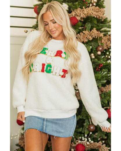 White Christmas MERRY & Bright Chenille Graphic Sherpa Sweatshirt - M