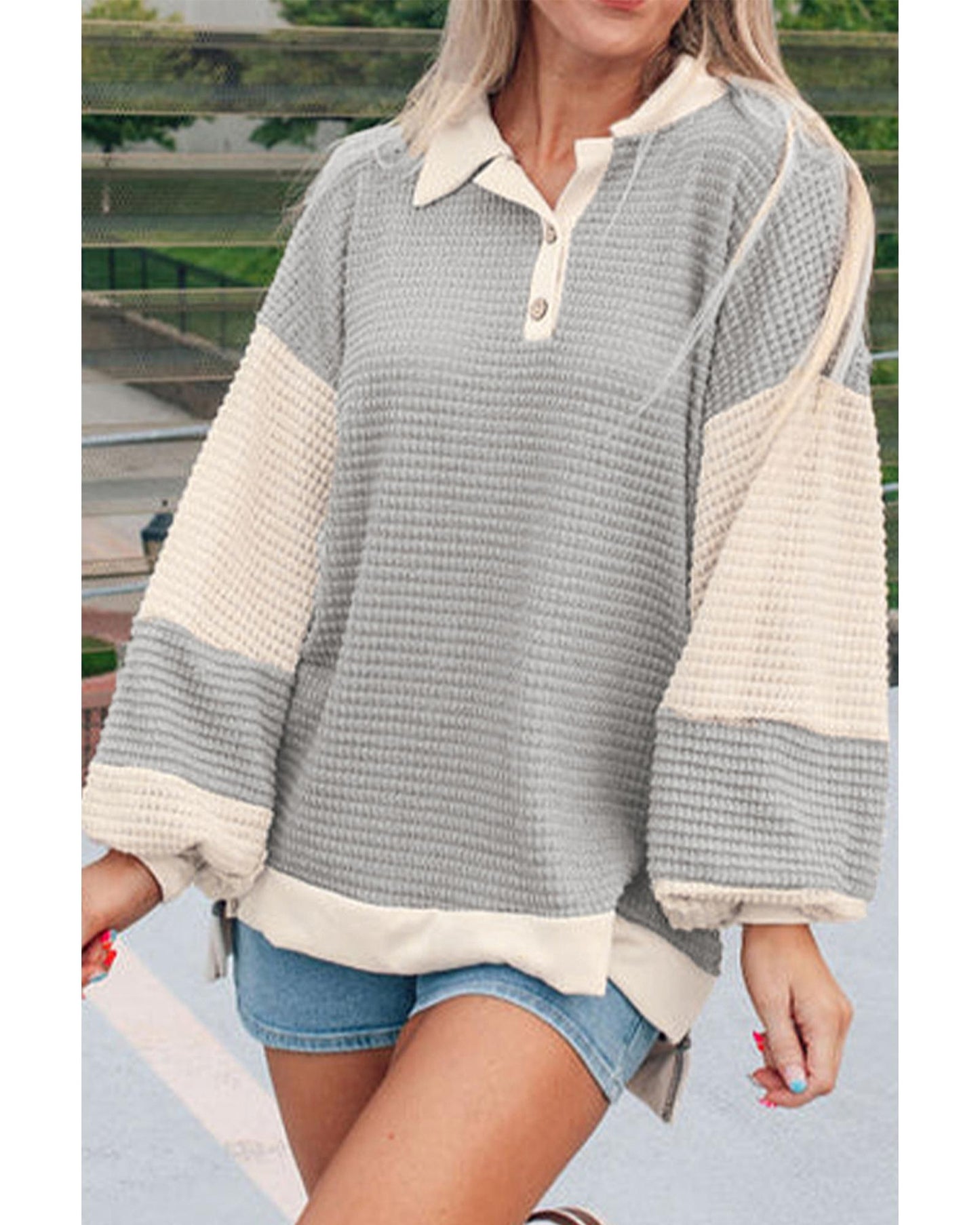 Khaki Textured Colorblock Collared Henley Top - L